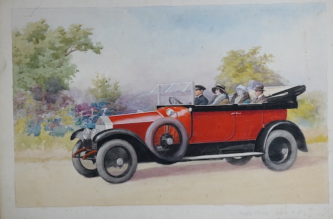 Charles Thomas Howard (1865-1942), two original watercolours for postcards, Vintage cars comprising Rolls Royce and Napier Limousine Landaulette, inscribed in pencil to the margins, 25 x 37cm, unframed. Condition - fair